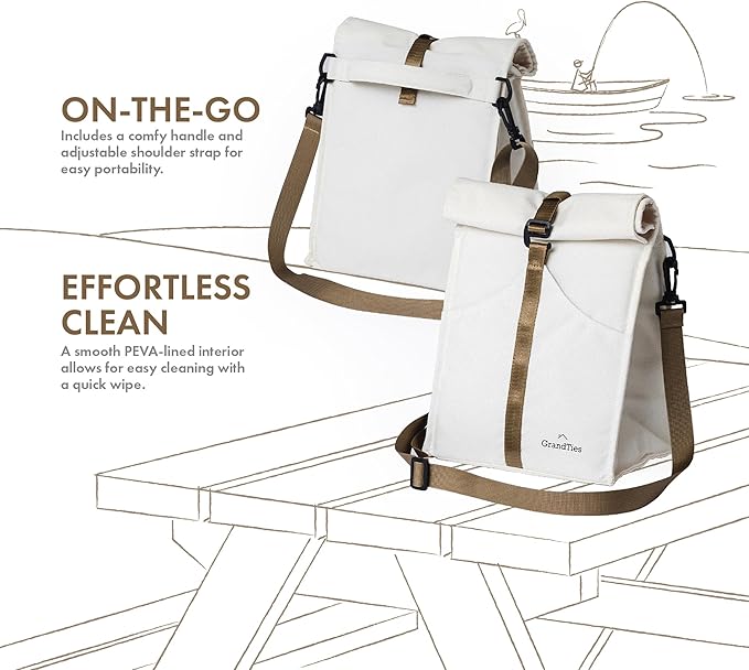 GRANDTIES Insulated Lunch Bag for Women, Men, Adults - Rolltop Leak Proof Meal Prep Lunch Box Containers, Reusable Snack Bags, Travel Cooler, Small Soft Cooler Bag, Fold Top Sandwich Bags, Ivory