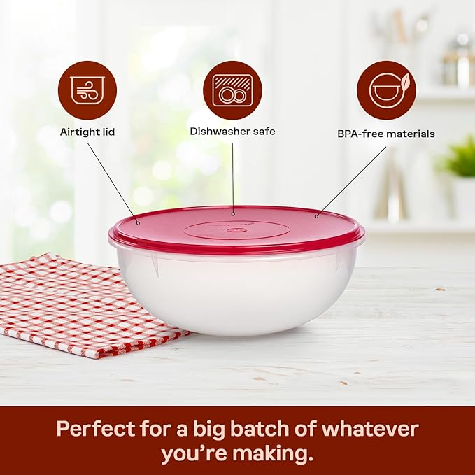 Tupperware Fix-N-Mix 1.7 Gallon Mixing Bowl, Clear with Lipstick Colored Airtight Lid, Dishwasher Safe and BPA Free (6.5 L)