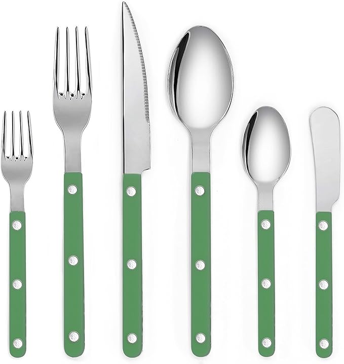 6-Piece Stainless Steel Flatware Silverware Cutlery Set - Color Handle with Rivet/Retro Style - Includes Dinner Knife; Dinner Fork; Salad Fork; Soup Spoon; Teaspoon; Spreader (GREEN)