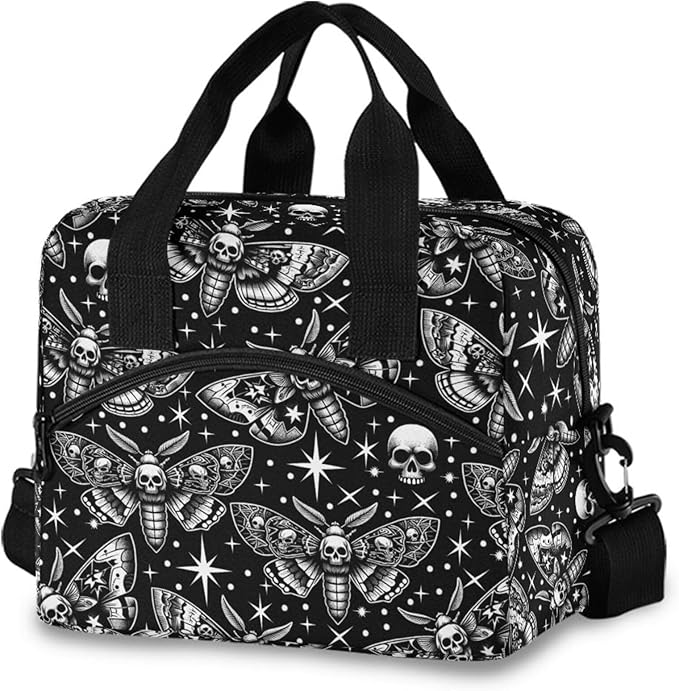 MNSRUU Insulated Lunch Bag Digital Skull Head Moth Women Men Fabric Dinner Tote Cooler Bag Reusable Leakproof Lunch Box with Adjustable Shoulder Handles Strap For Work School