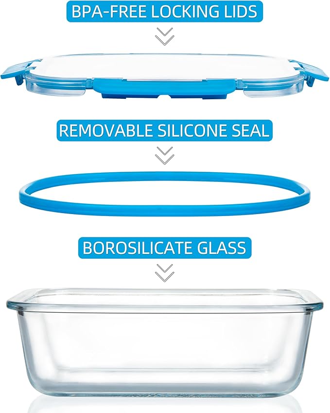 12 Pack Glass Meal Prep Containers with Airtight Lids, Leak-Proof Food Storage Containers, Dishwasher/Microwave/Oven/Freezer Safe Glass Containers for Lunch, Leftovers, to Go (Blue)