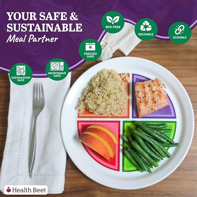 Health Beet Choose MyPlate Portion Control Plate โ 4 Flat Sections for Fruits Grain Vegetable Protein - Dishwasher & Microwave Safe Visually Sectioned Plates for Health Education - (1-Pack)