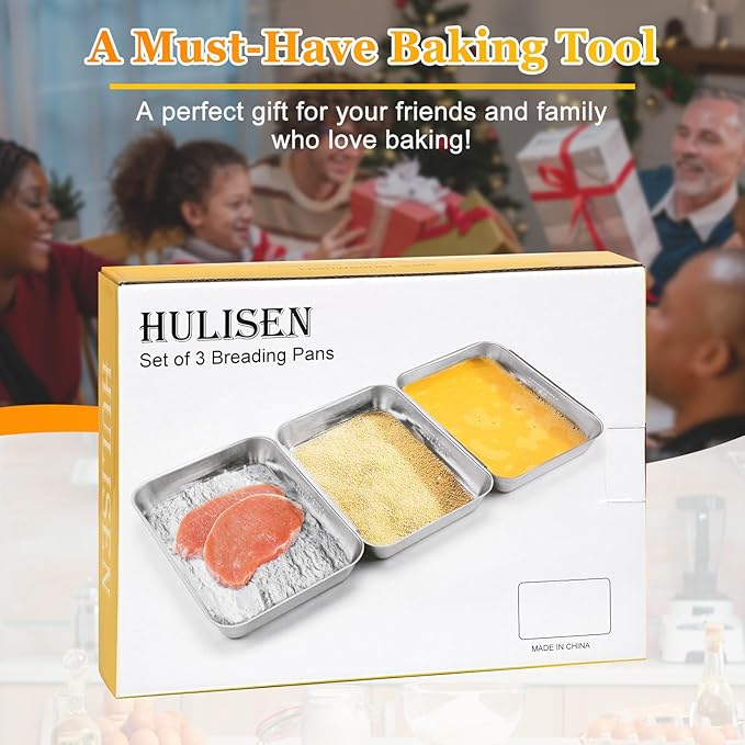 HULISEN Set of 3 Breading Pans, Stainless Steel Breading Set for Marinating Meat, Chicken, Fish, Food Prep Trays, Coating Trays Can Be Used to Baking Cake, Oven Safe