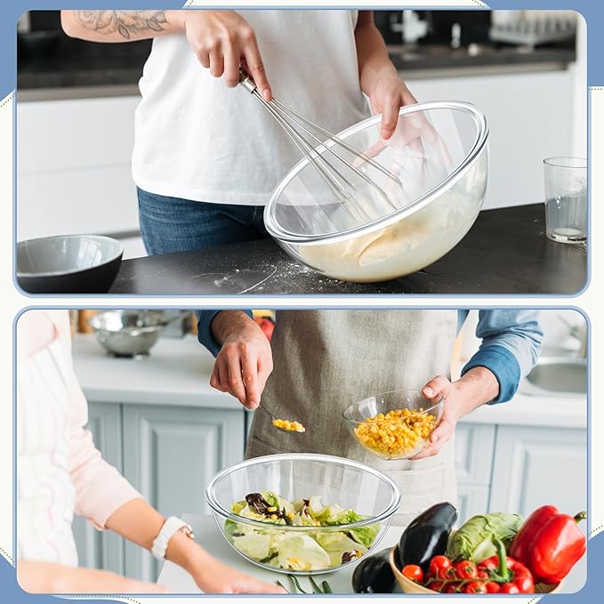 Domensi 3 Pcs 6.5 Qt, 4.8 Qt, 2.9 Qt Large Glass Mixing Bowls Clear Glass Salad Cooking Bowls for Kitchen Salad Bread Storage, Dishwasher, Freezer, Microwave