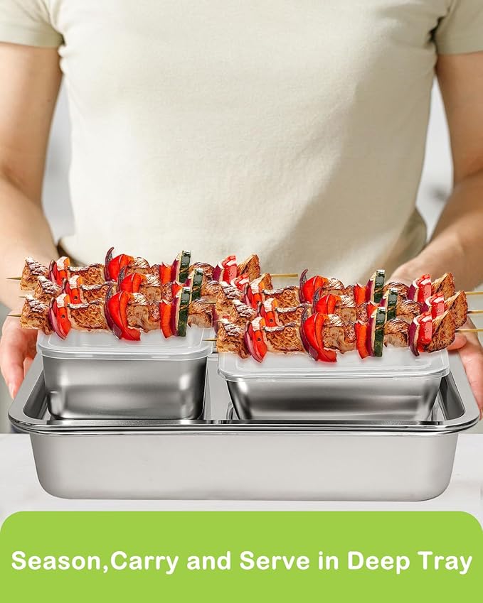 Grill Prep Trays Set Of 5,BBQ Tray,Grilling Prep And Serve Trays,Stainless Steel Grill Platter,Include Deep Grilling Platter,Shallow BBQ Serving Tray,2 Marinade Container With Lids,Cutting Board