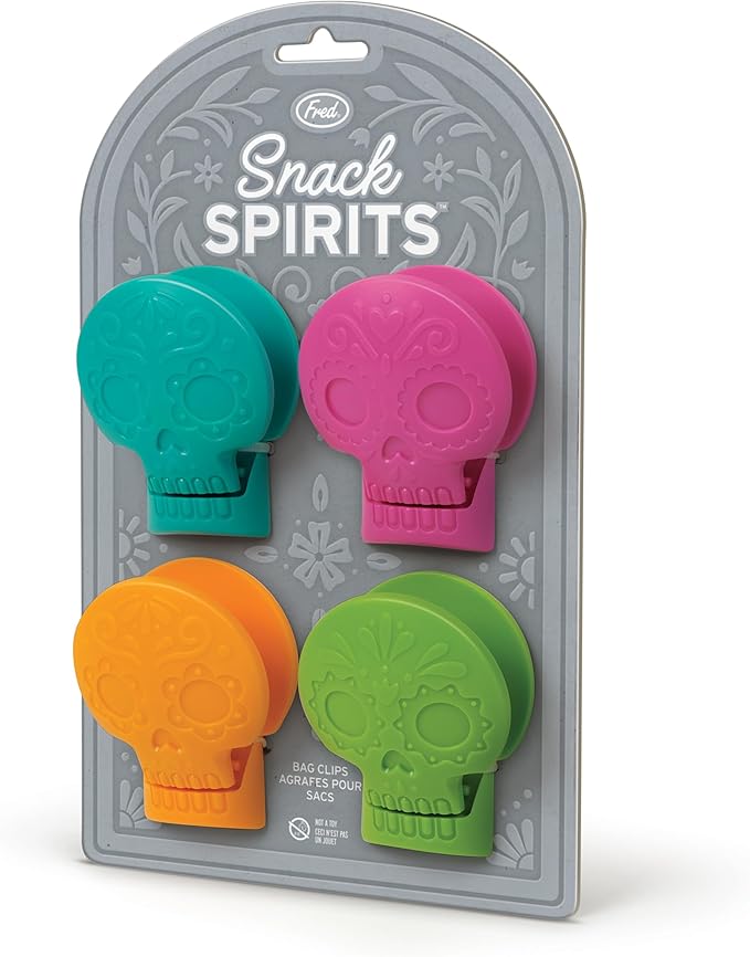 Genuine Fred SNACK SPIRITS Bag Clips, Set of 4, Molded Day of the Dead skull design, Dio de los Muertos, Colorful Calaveras, Bag Clips for food storage