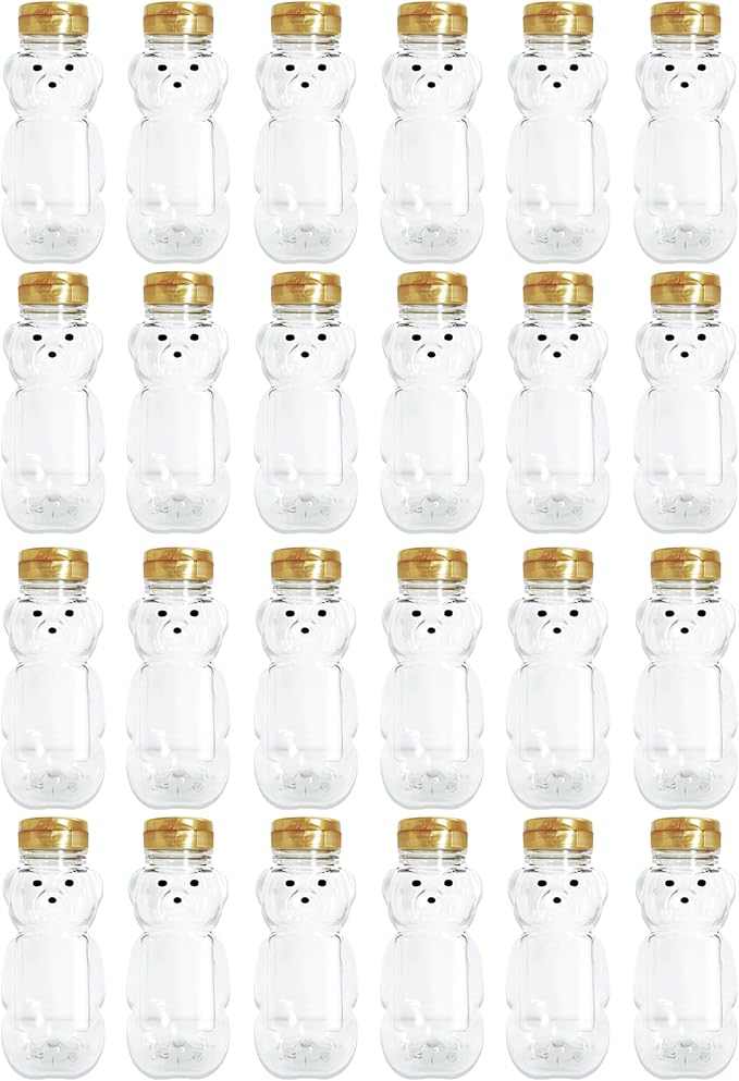 24 Pack of 8 Ounce Honey Bears with Sealable Gold Flip Top Lids (8 oz. Bear, 24pk, Gold)