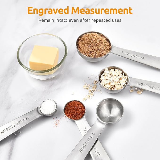 18/8 Stainless Steel Measuring Spoons Set for Dry and Liquid Ingredients (Set of 5), and 600ºF Heat Resistant Silicone Turners, 13.6in Long Solid & Slotted Kitchen Spatula (Aqua Sky)