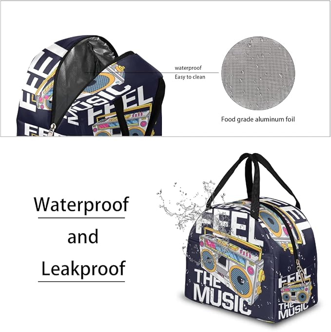 Insulated Lunch Bag for Women Men Retro Music Cartoon Boombox Waterproof Thermal Tote Bag Reusable Lunch Box Container Lunch Holder Leakproof Lunch Cooler Bag Picnic Travel Work