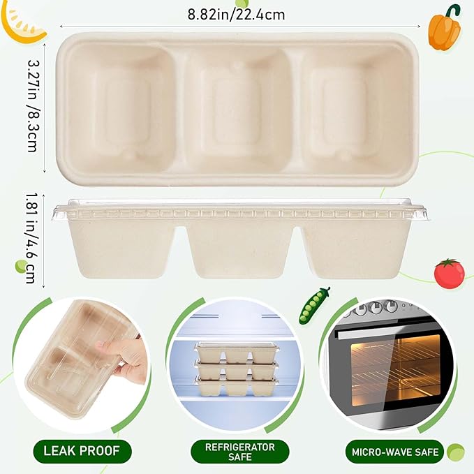 Hushee 100 Pack 17 oz Small Meal Prep Containers 3 Compartments with Lids, Disposable Plastic Bento Boxes Reusable Stackable Food Containers Travel Lunch Boxes for Office, Picnic (Natural)