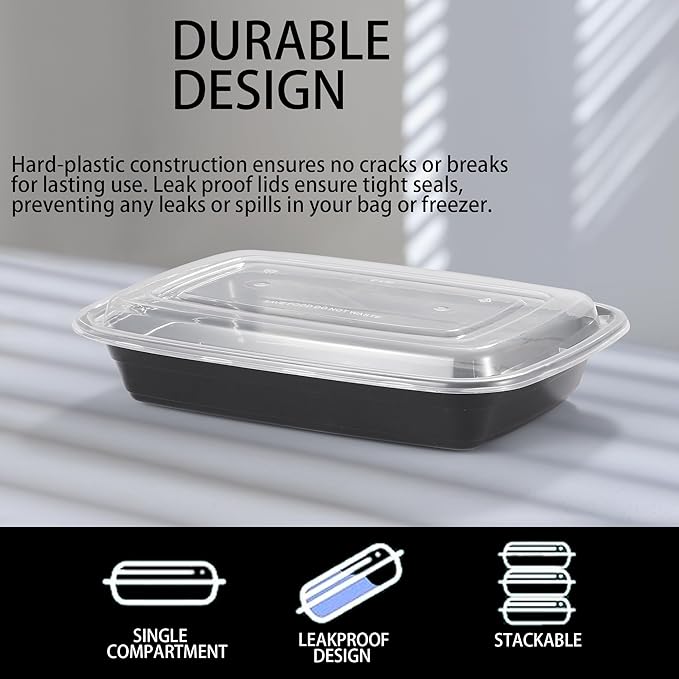 50 pack of Reusable Bento Box Spillproof Plastic Safe Lidded Food Storage Container Packing Box, Refrigerator/microwave Safe, Lunch Containers For Adults Bento Boxes (38oz-50 pack)