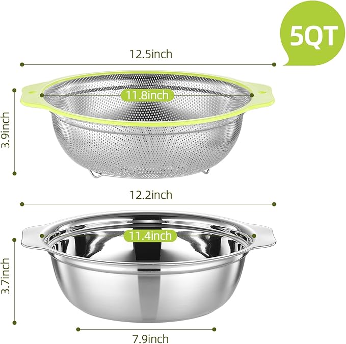 Colander Stainless Steel Microporous, 5QT Large Capacity Rice Washer with Mixing Bowl, 12.5’’Rice Strainer Bowl Set with Handle, Food-Grade Strainers and Colanders for Washing Rice, Pasta