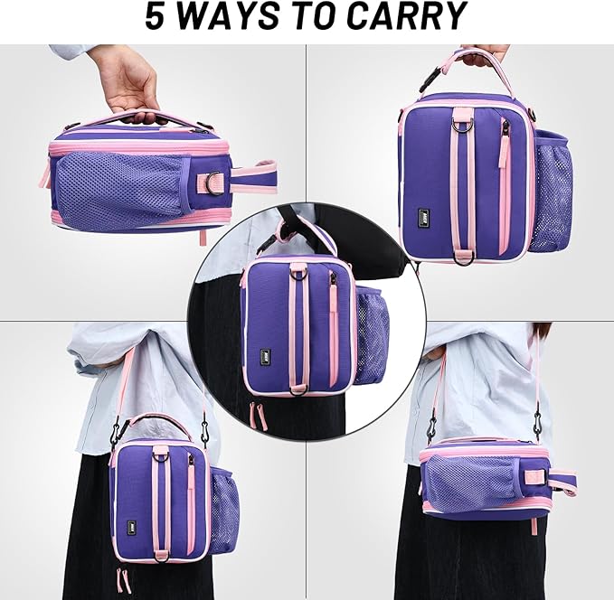 MIER Expandable Lunch Bag Insulated Lunch Box for Teen Girls Women to School Work Travel Portable Lunchbox Bags with Shoulder Strap and Water Bottle Holder(Purple)