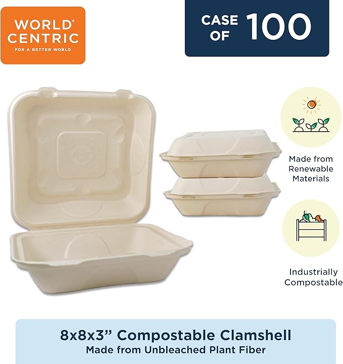 World Centric Compostable Clamshell Containers 8x8x3 - Grease and Moisture Resistant - 100 Pack