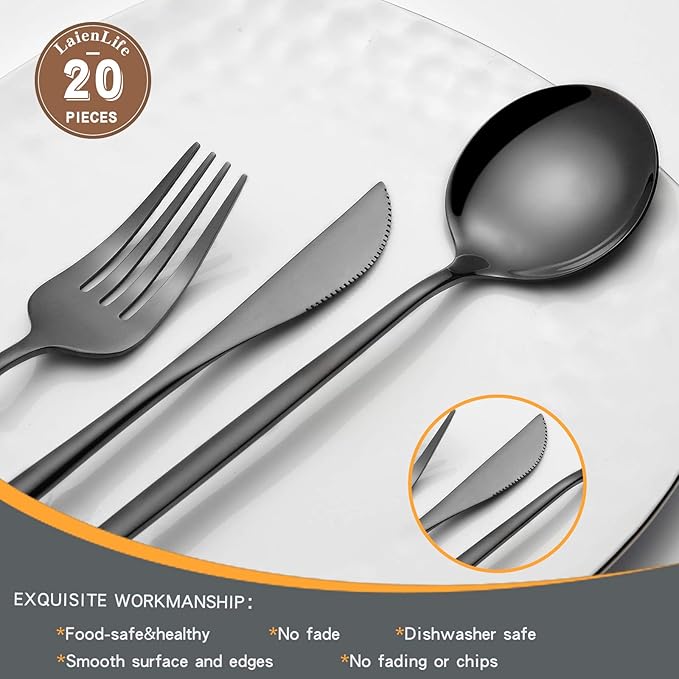 Black Silverware Set 20-Piece, Stainless Steel Flatware Set Service for 4, LaienLife Unique Utensils with Fork and Spoon Teaspoon, Mirror Black Cutlery Set, Silverware for Home Party Kitchen