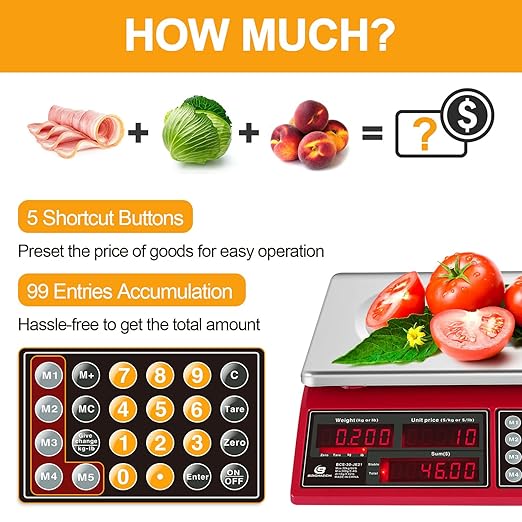 Price Computing Scale 66lb Digital Rechargeable Commercial Weight for Produce Food Meat Fruit Vegetable with Dual Large Display, Give Change Function and 5 Direct Plus Included, Not for Trade
