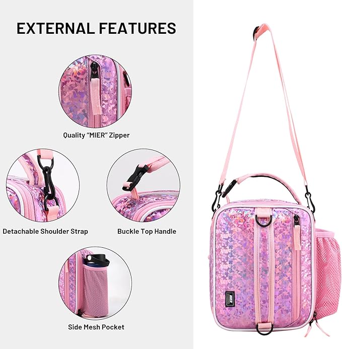 MIER Expandable Lunch Bag Insulated Lunch Box for Teen Girls Women to School Work Travel Portable Lunchbox Bags with Shoulder Strap and Water Bottle Holder(Pink)