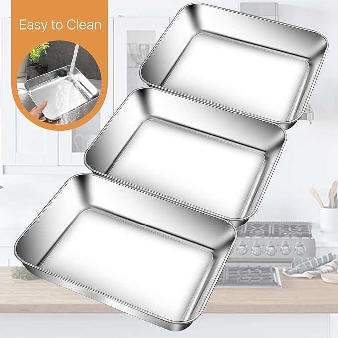 3 Set Stainless Steel Breading Trays Set with Lids, Dust Proof Breading Pans with Tong for Dredging Chicken Breasts,Marinating Meat, Food Prep Trays Oven & Dishwasher Safe