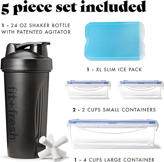 Fit & Fresh BREE Meal Prep Lunch Box With Containers, Ice Pack, and Shaker Bottle For Men and Women, 6pc. Meal Prep Kit Lunch Bag With Containers Included, Black