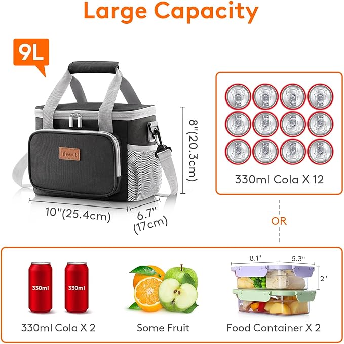 Lifewit Large Lunch Bag Insulated Lunch Box Soft Cooler Cooling Tote for Adult Men Women, Gray and Black 12-Can (9L)