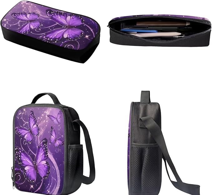 Dolyues Purple Butterflies Girls Backpack Set: 17 Inch School Backpack with Reflective Stripes, Thermal Lunch Tote & Glitter Pencil Case - Safety & Style Combined