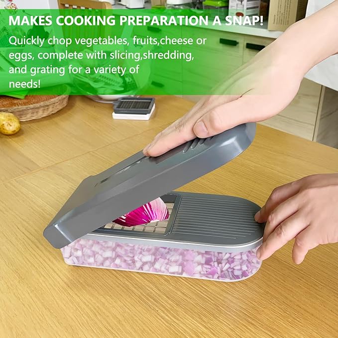 LHS Vegetable Chopper Multifunctional Food Chopper Onion Chopper Vegetable Slicer Dicer Cutter Potato Cutter Veggie Chopper with Container(10 in 1, Grey)