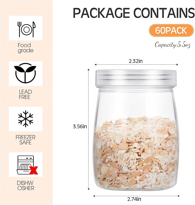 Sabary 60 Packs 5 oz Plastic Wide Mouth Mason Jar with Lids Mini Reusable Storage Containers Bulk for Spice Jam Honey Jelly Dessert Shower Wedding Favors DIY Decor(Clear)