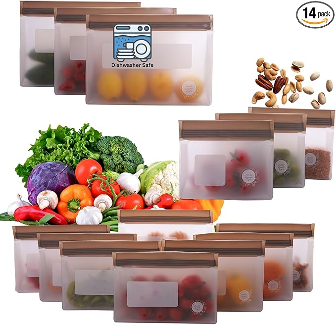 Reusable Silicone Food Storage Bags – 14-Pack Stand-Up, BPA-Free, Freezer, Dishwasher Safe & Eco-Friendly – 3 L, 8 M, 3 S Bags – Airtight Leakproof, Sandwich, Snack, and Meal Prep Baggies (Grey)