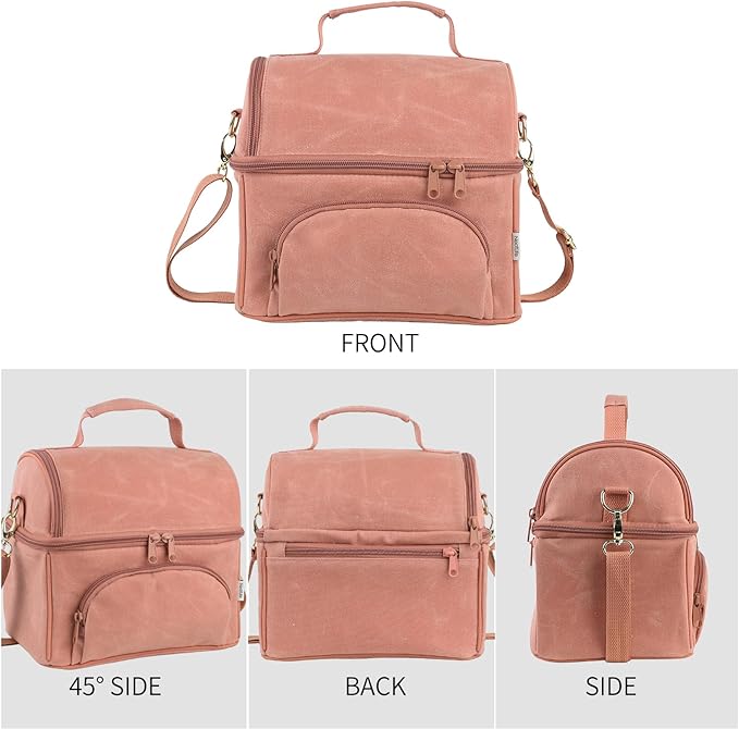 Lunch Box with 2 XL icepacks,Sturdy Waxed Canvas Insulated Lunch Bag for Women, Dual Compartment Soft Cooler Bag For Work, Picnic, Travel, Outdoors (10.5L) 10"x7"x9.5" (Mellow Rose)