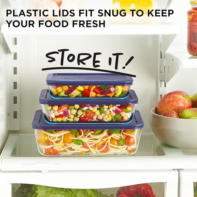 Pyrex Simply Store 6-Pc Glass Food Storage Container Set with Lids, 3-Cup, 6-Cup, & 11-Cup Rectangular & 3 Piece Glass Measuring Cup Set, Includes 1-Cup, 2-Cup, and 4-Cup Tempered Glass