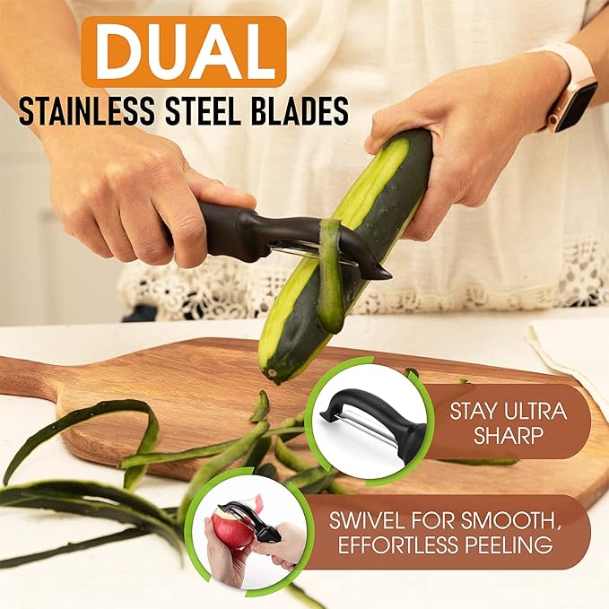 Spring Chef Premium Swivel Vegetable Peeler, Black & Stainless Steel Measuring Cups and Spoons Set, Round, Set of 15-2 Product Bundle