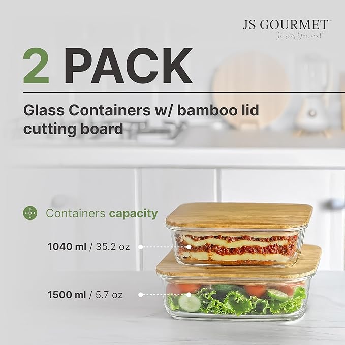 2 Pcs Glass Food Storage Containers with Bamboo Cutting Board and Airtight Lid, Ideal for Preparing and Storing Meals, Food, Fruits, Salad and more Ingredients (35oz and 51oz)