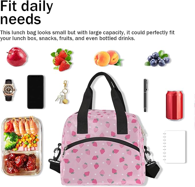 Pardick Pink Strawberry Insulated Lunch Bag Polka Dot Lunch Box for Women Girl with Shoulder Strap Tote Bag Reusable Large Containers Meal Prep for School Work Travel Picnic Thermal Cooler Bag