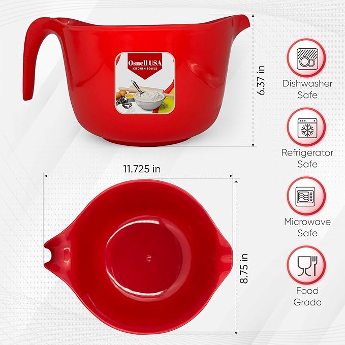 2 Pcs Large Mixing Bowls with Handles, 3.6 qt - Plastic Nesting Bowls for Kitchen, Lightweight Batter Bowls, Easy to Clean, White & Red