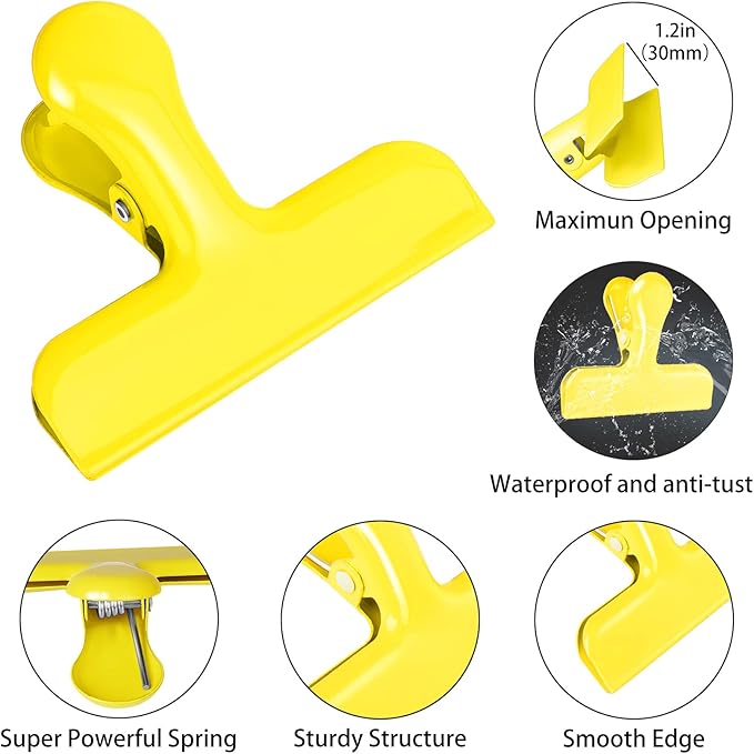 Bag Clips Heavy Duty Stainless Steel Chip Clips, Food Bags Clamp Great for Kitchen Office to Seal Coffee Bags, Paper Sheets - Pack of 8(Yellow)