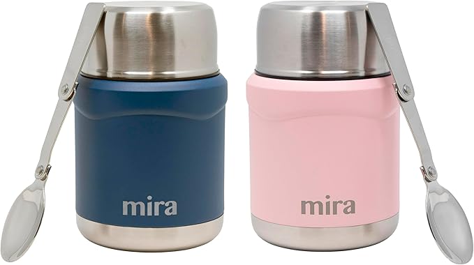 MIRA 2-Pack Food Thermos Set (15 oz) for hot and cold foods - Insulated Stainless Steel Containers with Spoons - Hawaiian Blue & Rose Pink