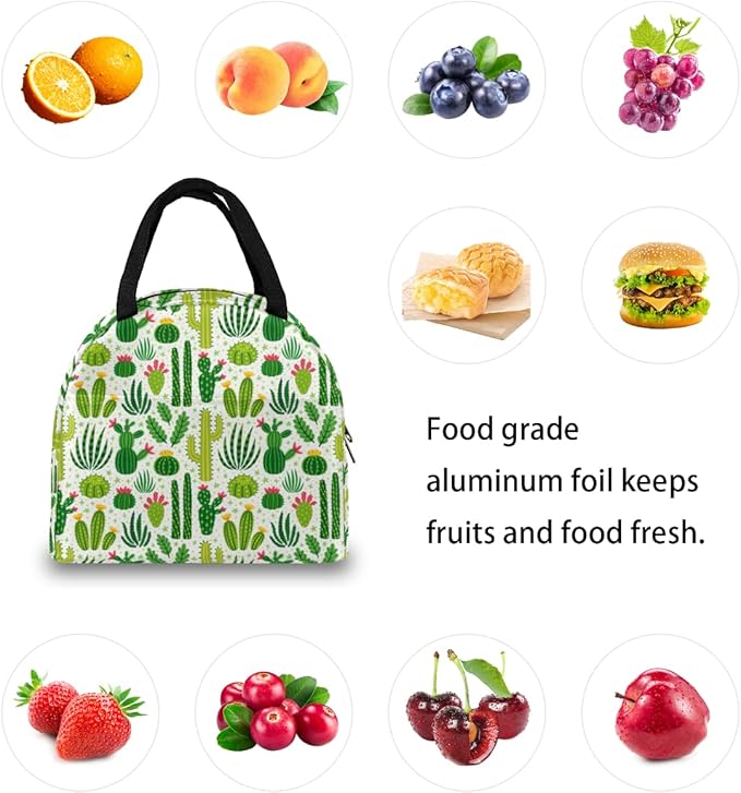 Insulated Lunch Bag for Women Men Green Cactus Waterproof Thermal Tote Bag Reusable Lunch Box Container Lunch Holder Leakproof Lunch Cooler Bag Picnic Travel Work