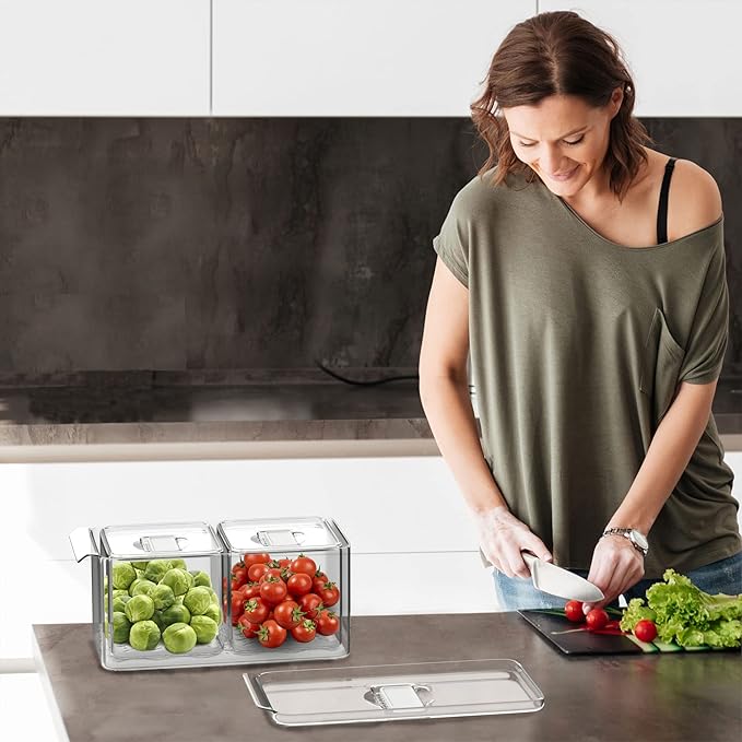 Produce Saver Containers for Refrigerator, Food Fruit Vegetables storage, 3 Pcs Stackable Freezer Fridge Organizer, Fresh Keeper Drawer Bin Basket with Vented Lids & Removable Drain Tray