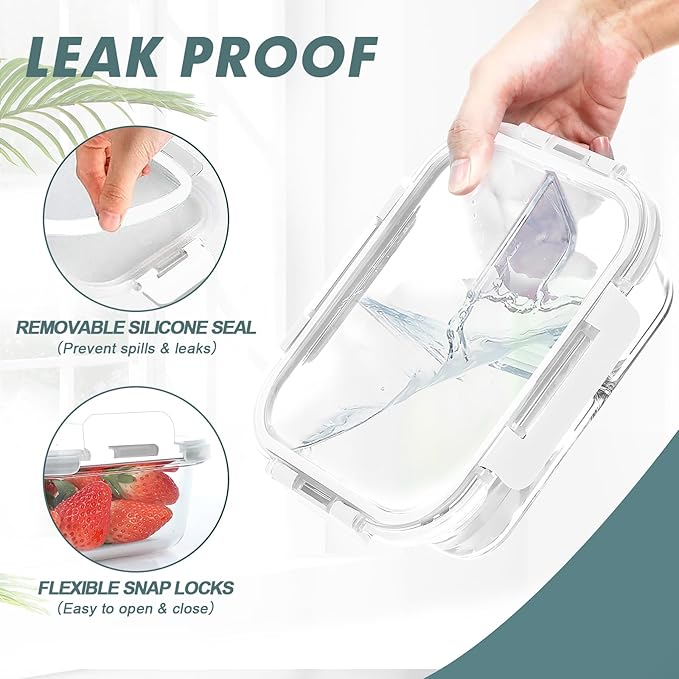 Glass Meal Prep Containers 3 Compartments, 5 Pack 36 oz, Glass Food Storage Containers with Lids, Airtight Lunch Bento Box, Portion Control, Freezer and Microwave Safe, White