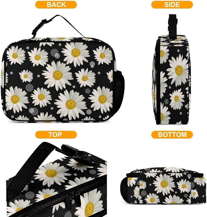 White Daisies Reusable Lunch Box Insulated Lunch Bag Cooler Bag Lunchbox Meal Food Container Tote Bag for Women Kids Girls School Camping Hiking Picnic Beach Travel