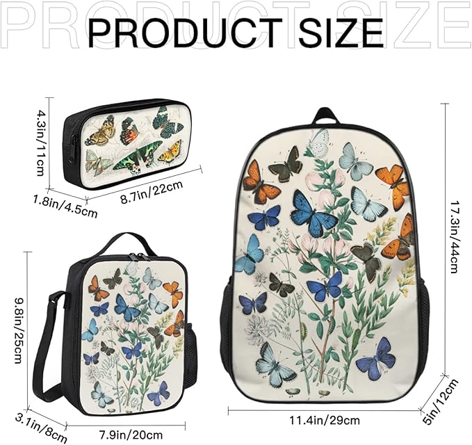 Butterfly Backpack, Butterfly Backpack For Girls Bundle 3 Pieces for Teens, Boys and Girls Butterfly Bookbag, Insulated Lunch Bag and Pencil Case Perfect for School and Everyday Use.