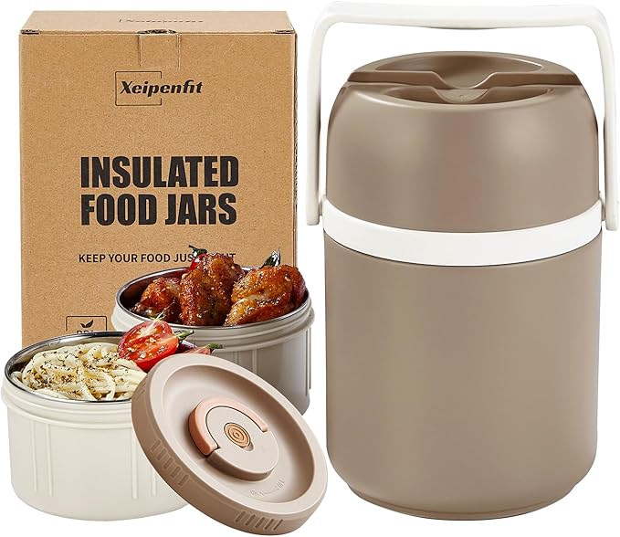 51 oz Adults Vacuum Insulated Wide Mouth Soup Food Thermos Hot Food Jar with Keep Thermal Portable 2 Tier Stackable Bento Hot Food Containers Lunch Boxes (Gray, 51)