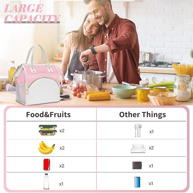LOKASS Lunch Bag Women Insulated Lunch Box, Wide-Open Lunch Tote Bag Leak-proof Cooler Bag for Work Picnic-(Light Pink)