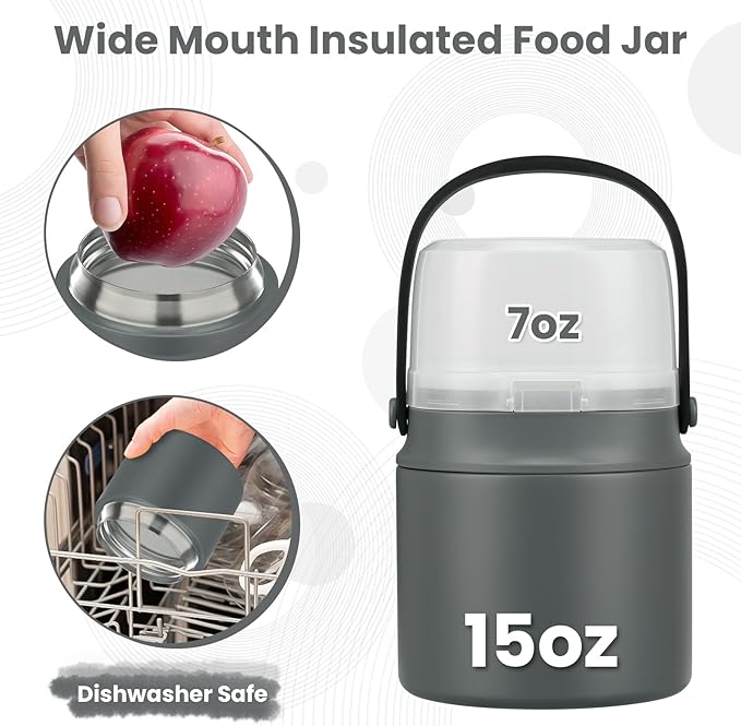 2-In-1 Soup Thermo for Hot Food Kids, 15 Oz Insulated Food Container and a Snack Box, Wide Mouth, Leak Proof, Stainless Steel Spoon, Dishwasher Safe Food Thermo Set for School, Work, Travel, Gray