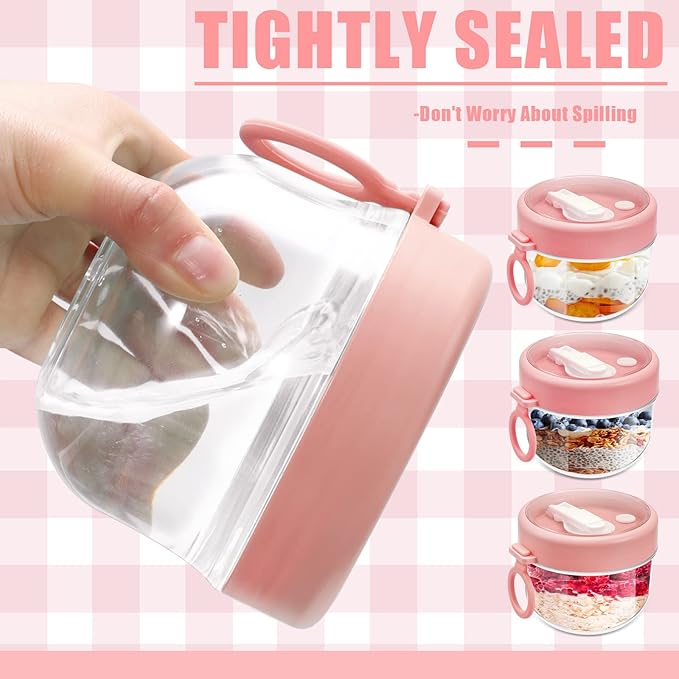 4 Pcs Overnight Oats Container with Lids and Spoons, 20 oz Plastic Overnight Oats Jars Large Capacity Airtight Yogurt Container for Milk, Fruit, Cereal and Salad Storage (Pink)