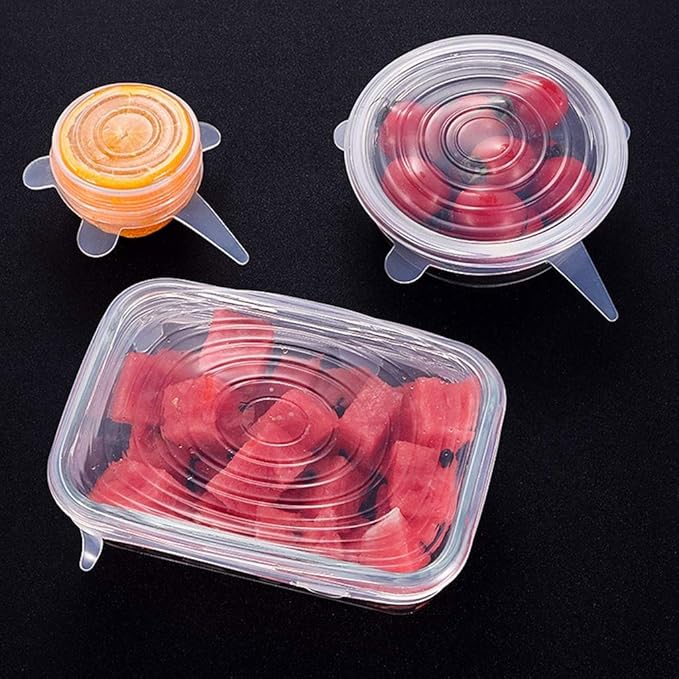 Flexible Silicone Stretch Lids Round Reusable Food Covers For Bowl Cup Dish Silicone Food Wrap Food Grade 6pcs (Clear)
