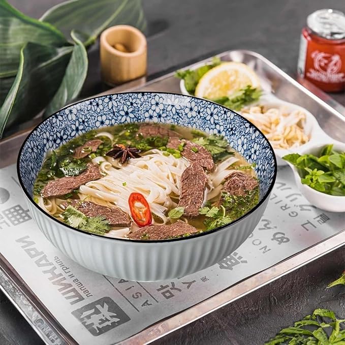 QINLANG Large Soup Bowls, Pho & Ramen Set of 3, 60 oz Blue & White Porcelain - Floral Pattern