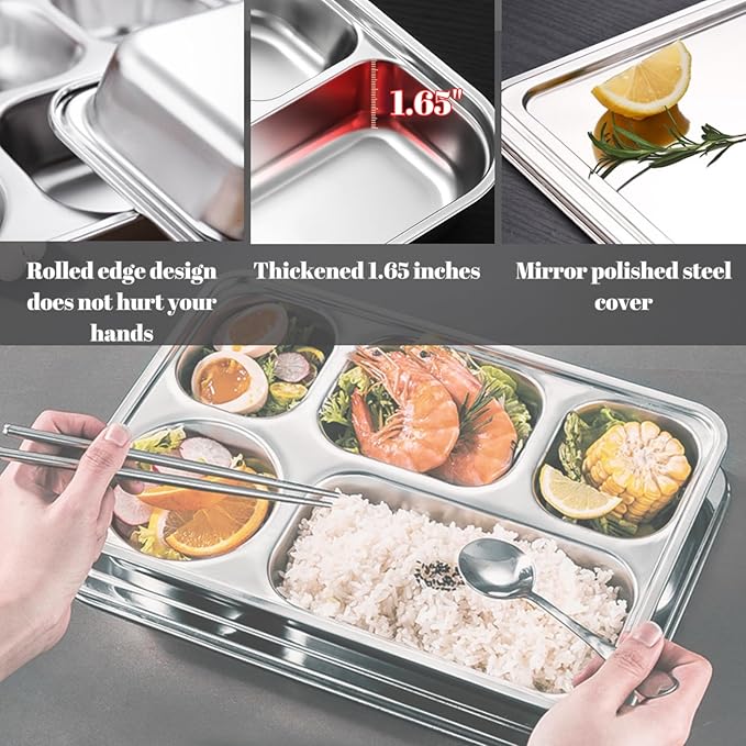 Stainless Steel Divided Plates with Lid, 5 Pack Divided Dinner Tray 5 Compartments Lunch Tray Divided Dinner Tray Meal Prep Lunch Containers for Adults, Picky Eaters, Campers, Portion Control
