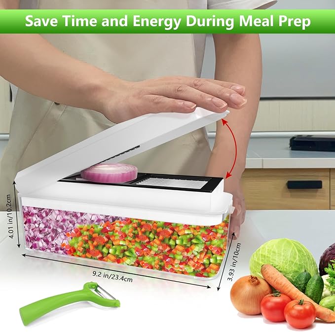 Vegetable Chopper, Onion Chopper Dicer, Mandoline Slicer, Food Chopper with Container, Vegetable Cutter for Salad Potato Carrot Garlic(9 Blades, White Black)