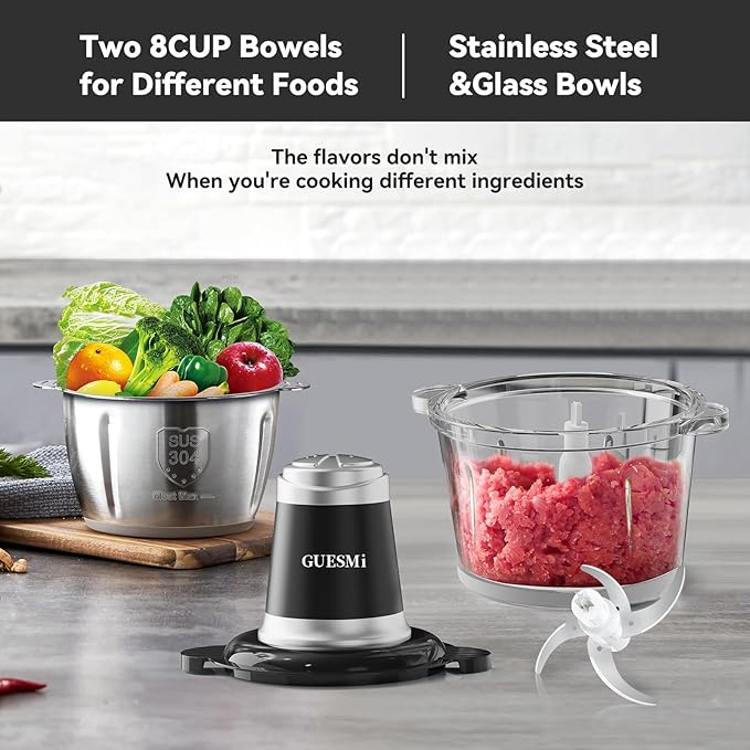 Food Processors, Powerful 500W Food Chopper Meat Grinder & Veggie Chopper with 2 Bowls(8 Cup+8 Cup) & 2 Bi-Level Blades with Electric Food Copper Motor -Vegetable, Onion, Garlic, Meat, Nuts